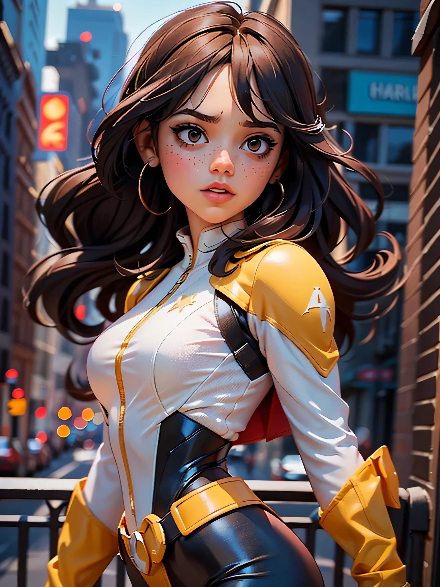 A woman, large hair with bangs, 90's x-men uniform, outside, Marvel art style, comic, red eyes, some freckles, dark yellow spandex, red accent, smm, jenna_ortega