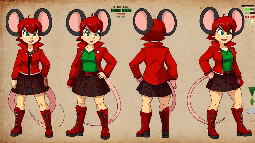 Red female mouse with a green tail, named Cherry. She wears a red jacket, a red shirt, a green skirt, and red boots. She throws cherry bombs at enemies.
cartoon style, character reference sheet