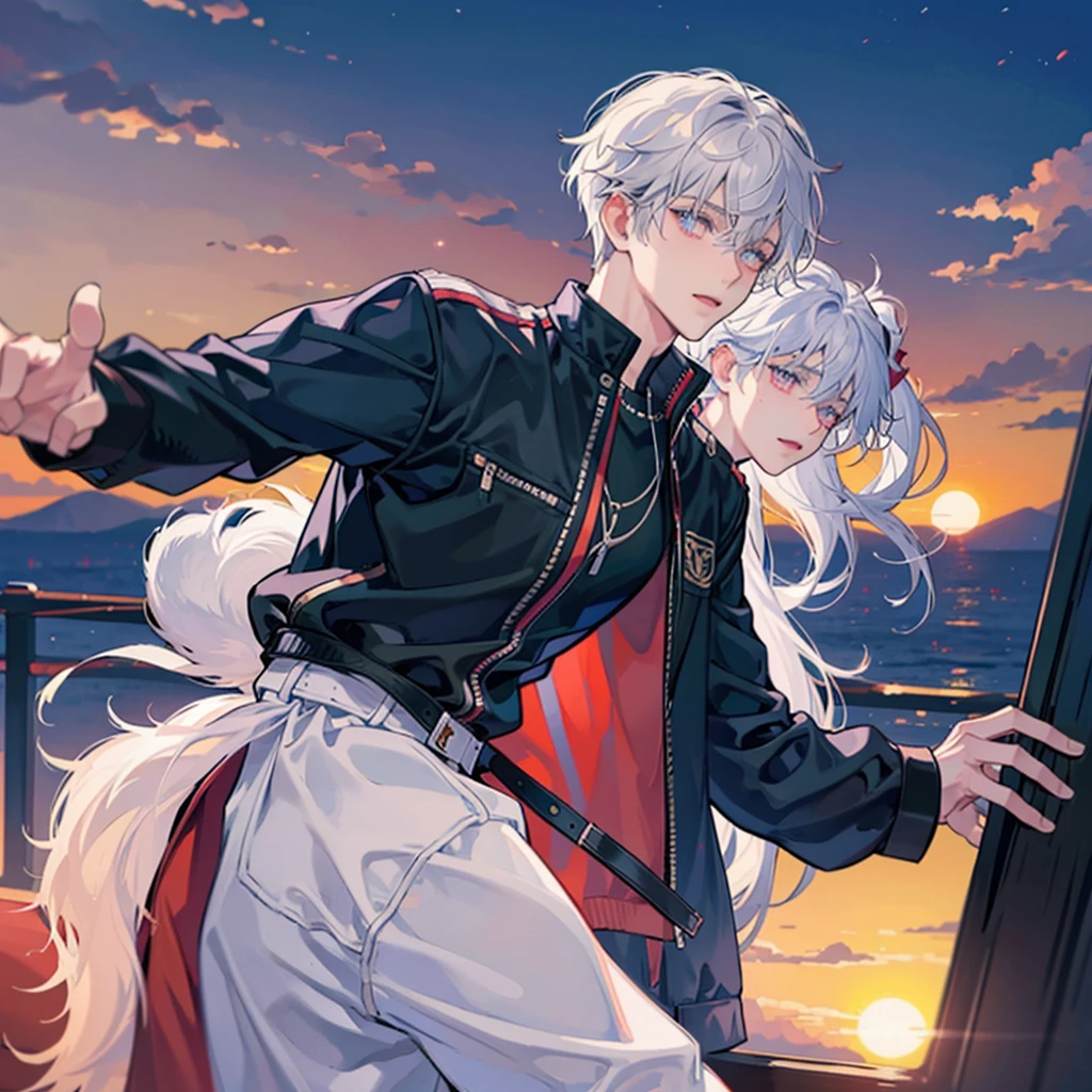 A solo cat boy, His hair is white and his eyes are red, wearing jacket, bust up!!! Cute boy, casual boy, sunset sky , , sad vibes