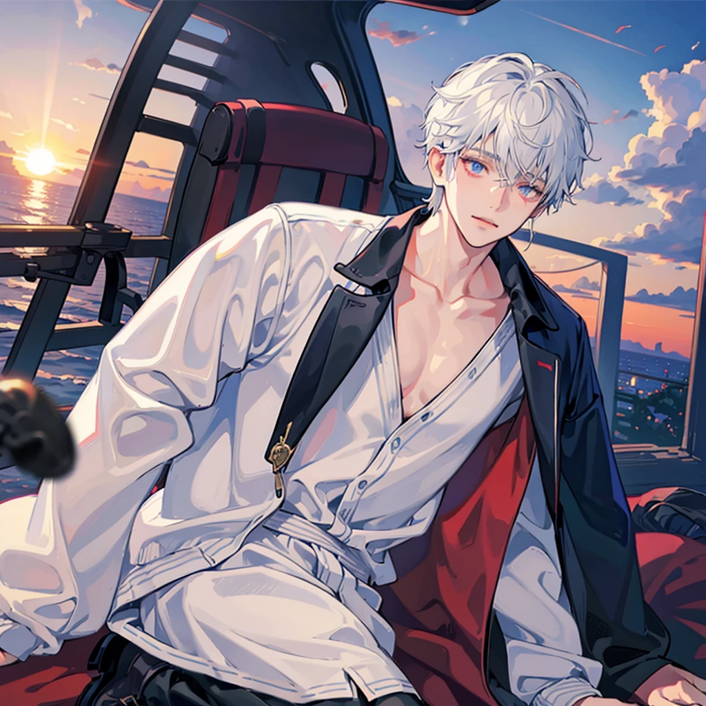 A solo cat boy, His hair is white and his eyes are red, wearing jacket, bust up!!! Cute boy, casual boy, sunset sky , , sad vibes