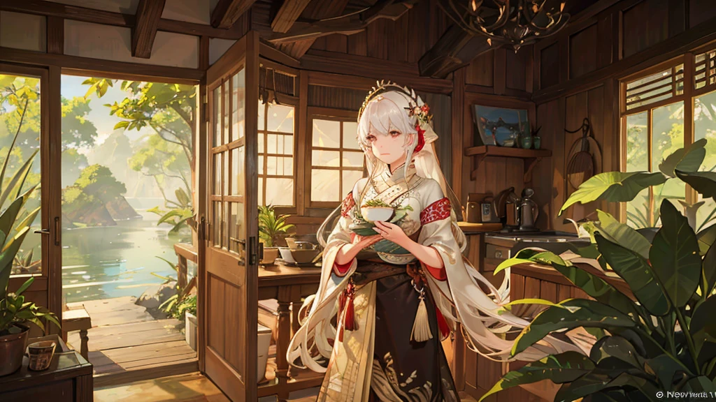 (room,morning,rural village,adolescent),photorrealistic:1.37,high resolution,ultra detali,beautiful detailed eyes,long eyelashes,clima tropical,traditional indonesian house,mosquito net,Hazy sunlight,tranquil atmosphere,Fresh air,traditional woven rug,birds chirping,wooden furniture,light streaming through the window,colorful floral patterns on the walls,serene atmosphere,small traditional wooden boat on the river nearby,lush vegetation,coconut palms,distant sound of roosters,carefully carved wooden door,traditional artwork on the walls,traditional indonesian breakfast on a tray,hot cup of steaming tea+warm sunlight coming through the window,Rustling leaves,tranquil atmosphere. Uma garota adolescent sentada usando notebook