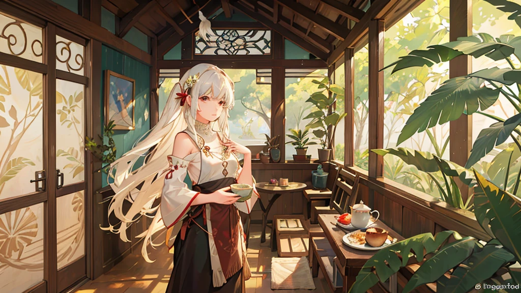 (room,morning,rural village,adolescent),photorrealistic:1.37,high resolution,ultra detali,beautiful detailed eyes,long eyelashes,clima tropical,traditional indonesian house,mosquito net,Hazy sunlight,tranquil atmosphere,Fresh air,traditional woven rug,birds chirping,wooden furniture,light streaming through the window,colorful floral patterns on the walls,serene atmosphere,small traditional wooden boat on the river nearby,lush vegetation,coconut palms,distant sound of roosters,carefully carved wooden door,traditional artwork on the walls,traditional indonesian breakfast on a tray,hot cup of steaming tea+warm sunlight coming through the window,Rustling leaves,tranquil atmosphere. Uma garota adolescent sentada usando notebook