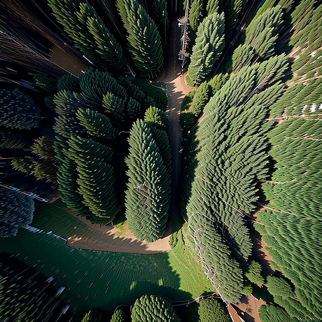 Pine forest, aerial view, misty, photorealism, 4k photography