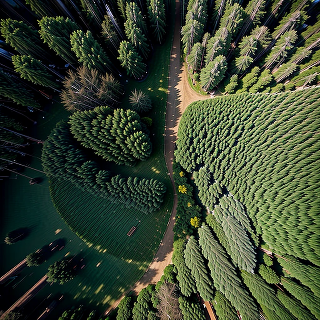 Pine forest, aerial view, misty, photorealism, 4k photography