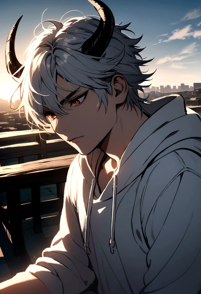 Boy, white, with gray hair, wearing a white hoodie, and black demon horns
