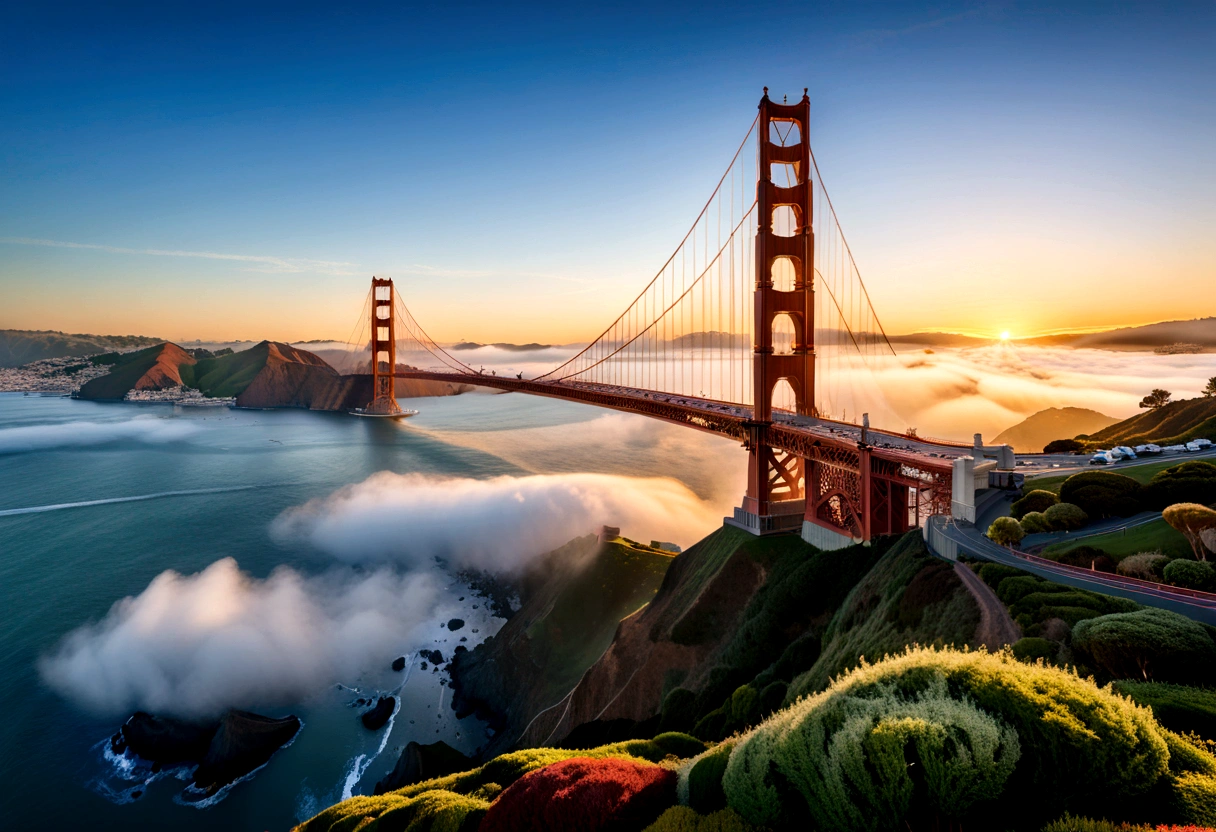 Photography style, The Golden Gate Bridge appears faintly in the morning mist, with the first ray of sunlight illuminating the bridge body, making it very spectacular. The background is the morning sky, and the lens is the distant viewaward-winning, cinematic still, emotional, vignette, dynamic, vivid, (masterpiece, best quality, Professional, perfect composition, very aesthetic, absurdres, ultra-detailed, intricate details:1.3)