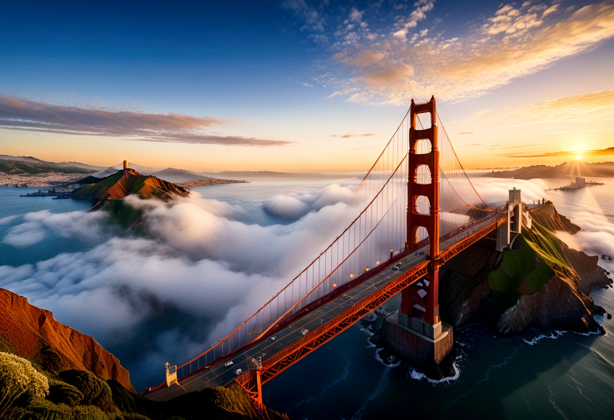 Photography style, The Golden Gate Bridge appears faintly in the morning mist, with the first ray of sunlight illuminating the bridge body, making it very spectacular. The background is the morning sky, and the lens is the distant viewaward-winning, cinematic still, emotional, vignette, dynamic, vivid, (masterpiece, best quality, Professional, perfect composition, very aesthetic, absurdres, ultra-detailed, intricate details:1.3)