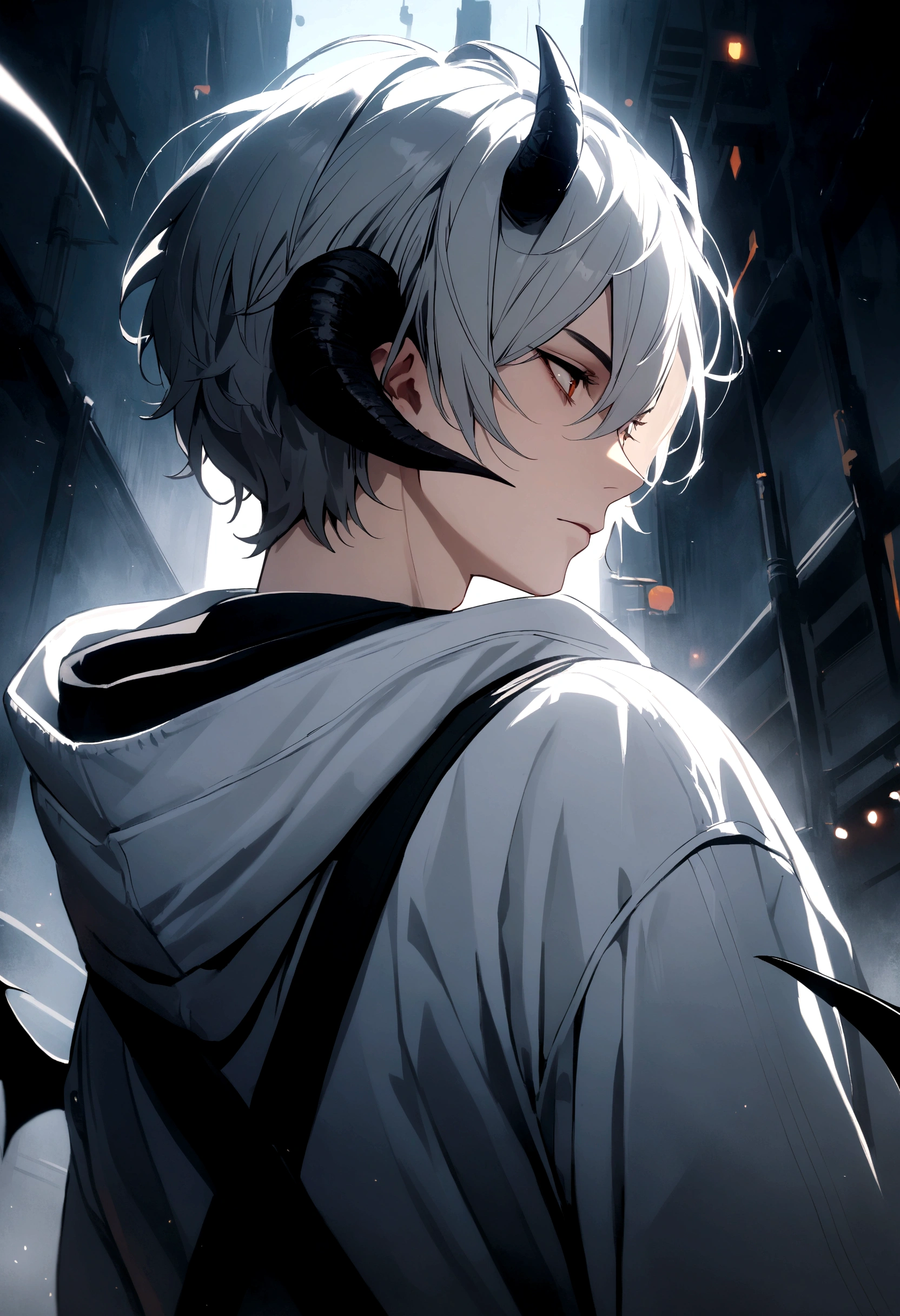 Boy, white, with gray hair, wearing a white hoodie, and black demon horns