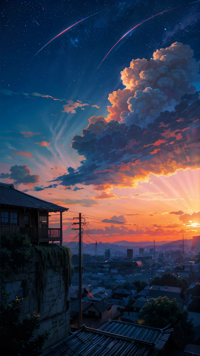 cloud, colorful, starry, stars, ((masterpiece)), ((Super detailed)), Pixiv, Best Shadow, best Lighting, Highest quality, Cinematic shots, rim Lightning, No humans, null, scenery, Power lines, crescent moon, Outdoor, moon, cloud, Electric pole, building, star \(null\), night, sign, starry null, night null, sunset, cloudy null, red null, afternoon, sunset, many cloud, 8K, cozy house, Light,