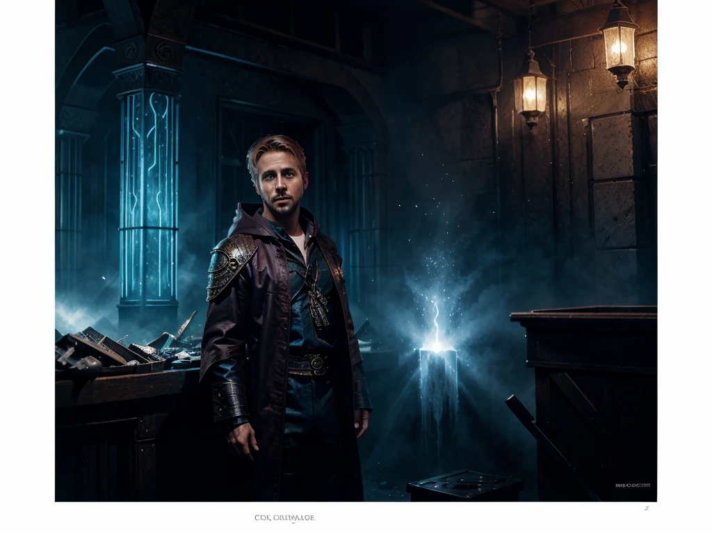 Ryan Gosling in wizard robes, cryomancer, D&D art, fantasy art, by Seb McKinnon, detailed, trending on ArtStation, Magic: The Gathering