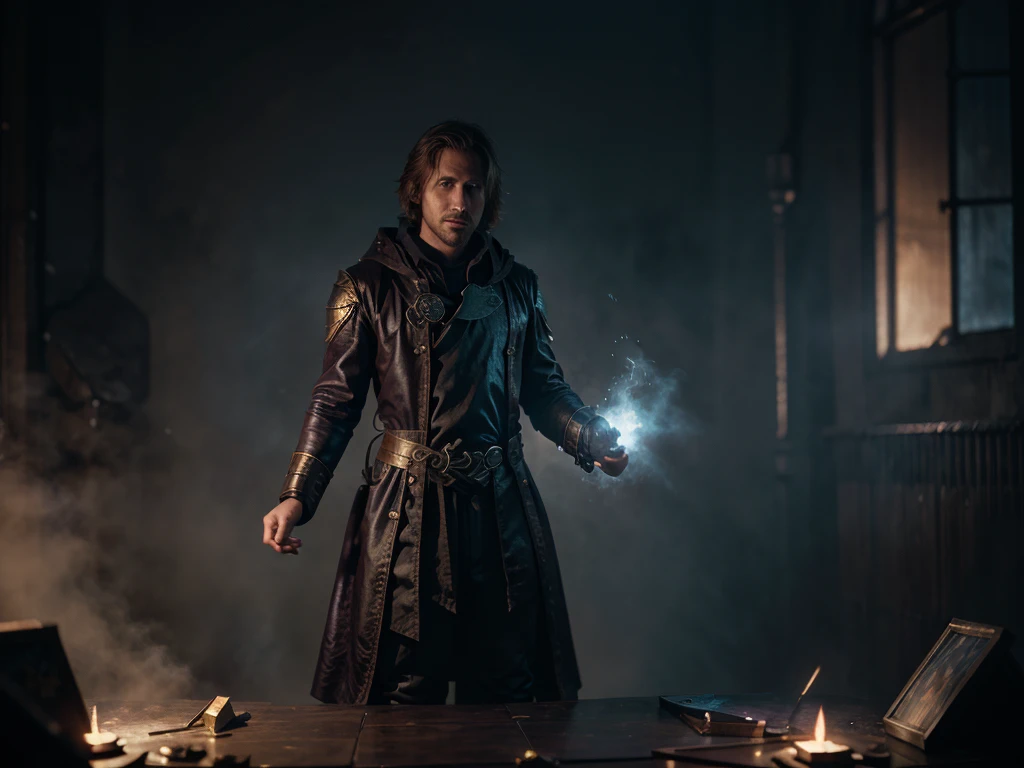 Ryan Gosling in wizard robes, cryomancer, D&D art, fantasy art, by Seb McKinnon, detailed, trending on ArtStation, Magic: The Gathering