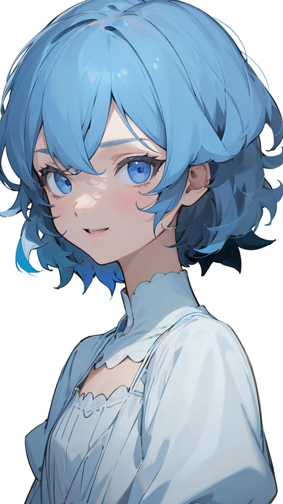 One Girl, solo, Short hair like a boy、Dark blue hair、Light blue hair band:1.2、blue eyes, Laughter, White Dress, Line art, From the side、Upper body close-up、Simple Background, White background,