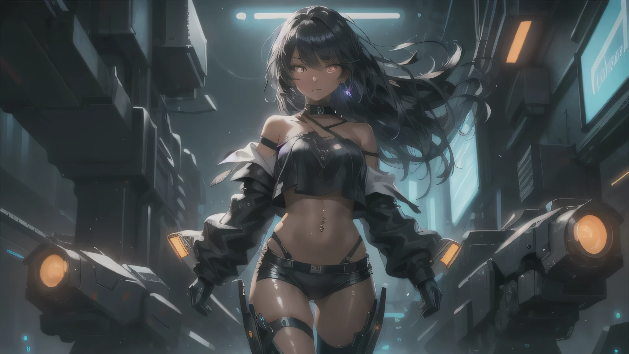 masterpiece, dynamic pose, a gorgeous (dark skin) girl over a future cityscape, depth of field, oversized shirt, off one shoulder, (shiny skin:1.4), cold lighting, detailed face, clear eyes, depth of field, messy hair, (intricate), machines, navel piercing, shy, mechanical parts, mechanical legs, glowing eyes, detailed eyes, detailed background, neon trim, neon lights