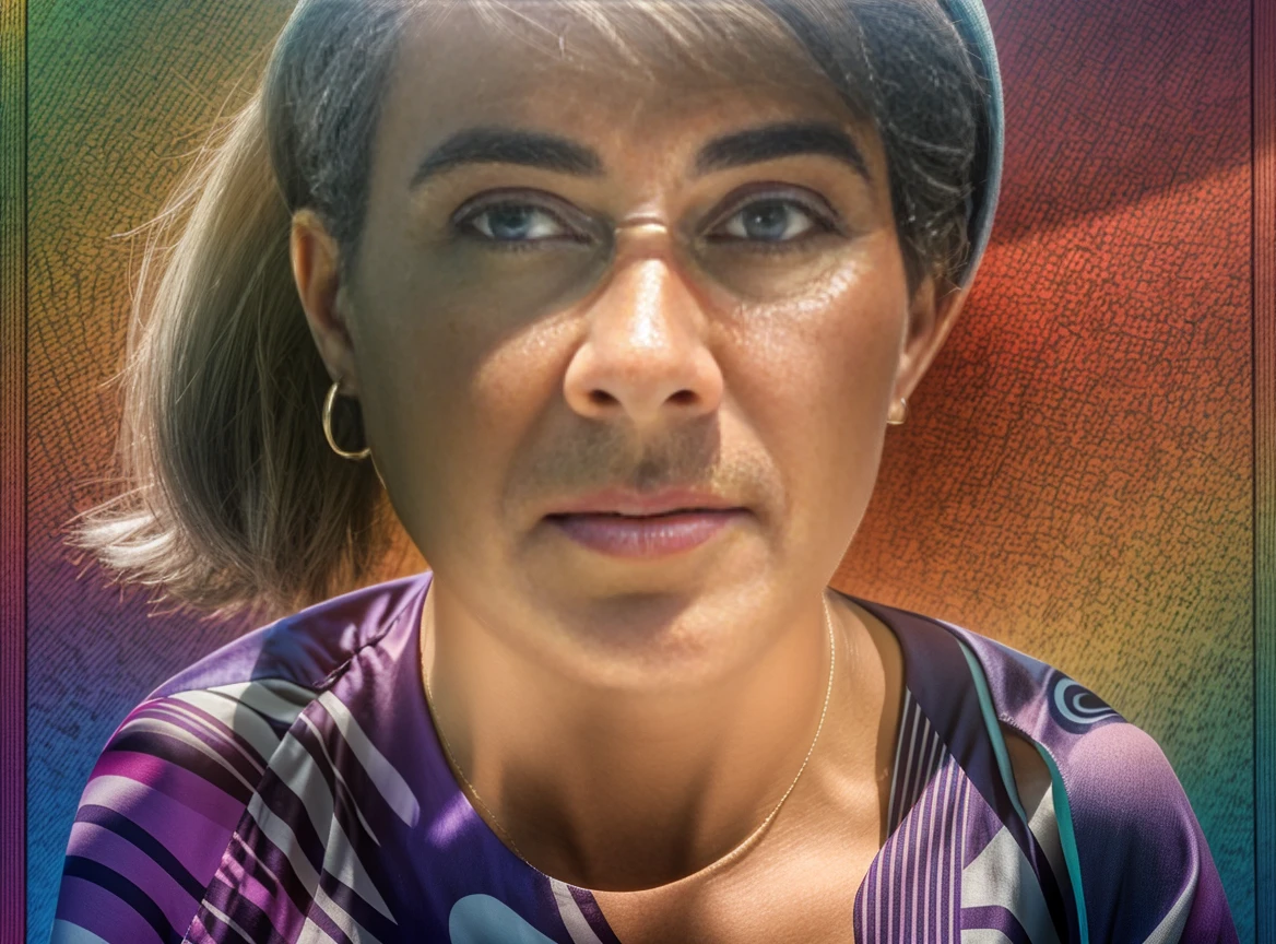 Highly realistic photo, portrait photo of a 45-year-old Brazilian woman, white, with short hair, glasses on her head, triangular nose, Northeastern, wearing a blouse from the photo, year 2024, colorful background.