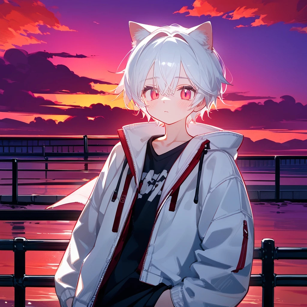 A solo cat boy, His hair is white and his eyes are red, wearing jacket, bust up!!! Cute boy, casual boy, sunset sky , , sad vibes