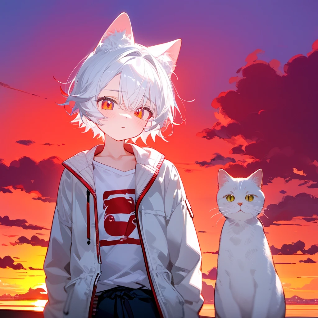 A solo cat boy, His hair is white and his eyes are red, wearing jacket, bust up!!! Cute boy, casual boy, sunset sky , , sad vibes