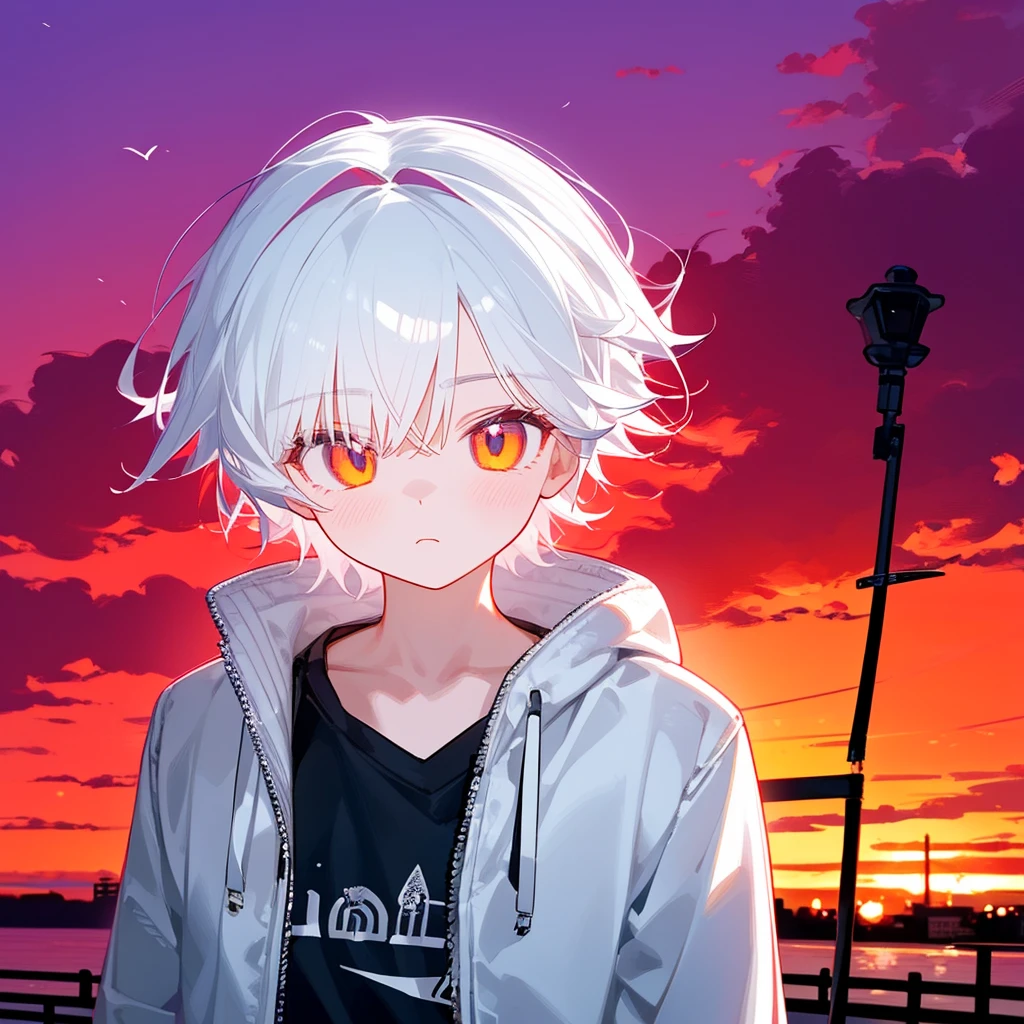 A solo cat boy, His hair is white and his eyes are red, wearing jacket, bust up!!! Cute boy, casual boy, sunset sky , , sad vibes