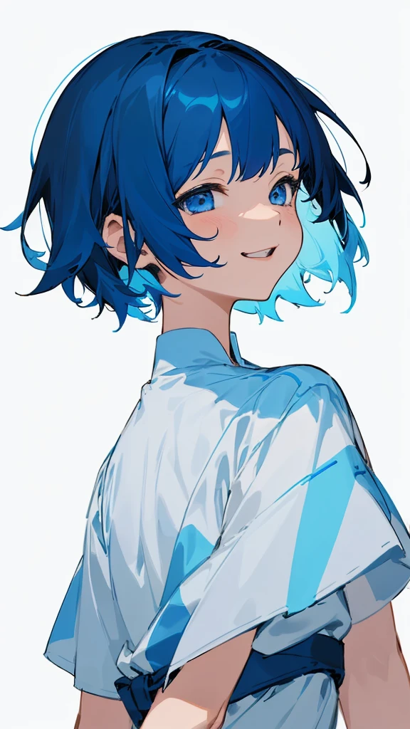 One Girl, solo, Short hair like a boy、Dark blue hair、Light blue hair band:1.2、blue eyes, Laughter, White Dress, Line art, From the side、Upper body close-up、Simple Background, White background,