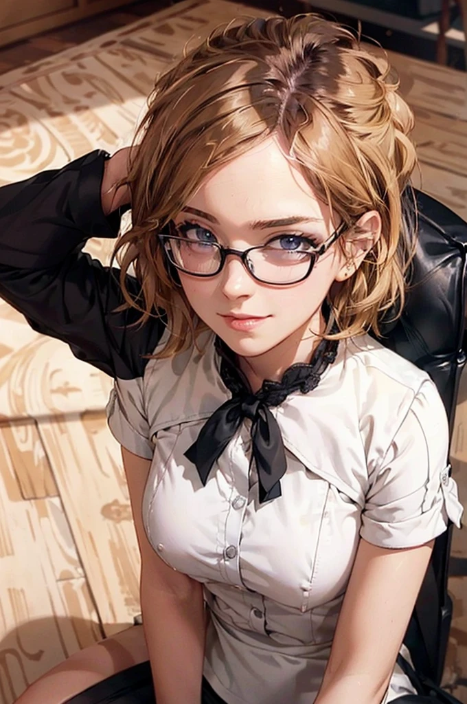 Masterpiece, 最high quality, high quality, High resolution, high quality texture, high quality shadows, High resolution, Beautiful details, Detailed CG, Detailed Texture, Realistic representation of face, Realistic, colorful, delicate, Cinematic Light, Side light, Lens flare, Ray Tracing, sharp concentrated, (1 Girl,concentrated:1.3), ( Intricate details, compensate, PureErosFaceV1:0.5), (細部まで美しいdelicateな顔, 緻密で美しいdelicateな瞳, Perfect Facial Proportions, Dense skin, Optimal ratio of four fingers to one thumb,Unified 8k wallpaper, Arms under chest, Modest chest, Wide Hips, Smooth upper abdomen, 35 years old, blue eyes, glasses, air fortress hair, blonde hair, house wife, the gaze of true love, lips of temptation, A look full of compassion ,a smile full of love, i love you, Acting lovey-dovey, I love you so much I'm crazy,
cabin attendant uniform,white blouse,tight fitting black skirt,black stockings, excellent secretary ,working as a secretary, wooden desk, wooden chair