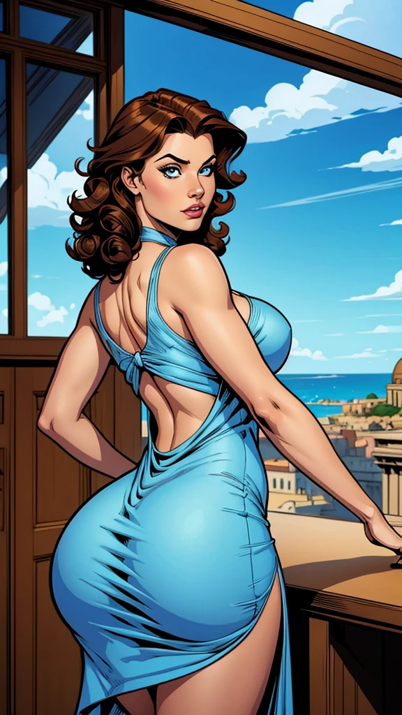 beautiful woman , 21 years old , very beautiful, blue eyes, curly brown hair, elegant sky blue dress, big ass, busty. Comic style. Marvel comics style 