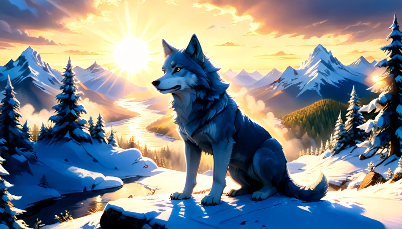 a National Geographic nature shot of a wolf sitting on a snowy mountain, watching the sun rises, the transition between night and day, the snow forest mountain range, a silver (dire wolf: 1.3), sitting on top of a (snowy mountain: 1.4), he sees the forest in the mountains, there pine trees, snow, a river flows between the mountains, the forest is reflected in rays of sunset in river, divine rays, some clouds, sun rays,  (highest quality:1.2, Very detailed, up to date, Vibrant, Ultra-high resolution, High Contrast, masterpiece:1.2, highest quality, Best aesthetics), best details, best quality, highres, ultra wide angle, 16k, [ultra detailed], masterpiece, best quality, (extremely detailed: 1.5), aetherpunkai, Cinematic Hollywood Film style