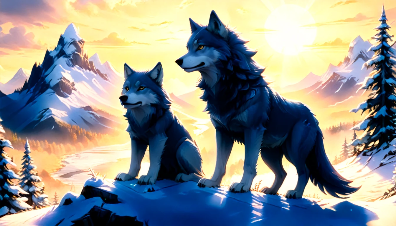 a National Geographic nature shot of a wolf sitting on a snowy mountain, watching the sun rises, the transition between night and day, the snow forest mountain range, a silver (dire wolf: 1.3), sitting on top of a (snowy mountain: 1.4), he sees the forest in the mountains, there pine trees, snow, a river flows between the mountains, the forest is reflected in rays of sunset in river, divine rays, some clouds, sun rays,  (highest quality:1.2, Very detailed, up to date, Vibrant, Ultra-high resolution, High Contrast, masterpiece:1.2, highest quality, Best aesthetics), best details, best quality, highres, ultra wide angle, 16k, [ultra detailed], masterpiece, best quality, (extremely detailed: 1.5), aetherpunkai, Cinematic Hollywood Film style