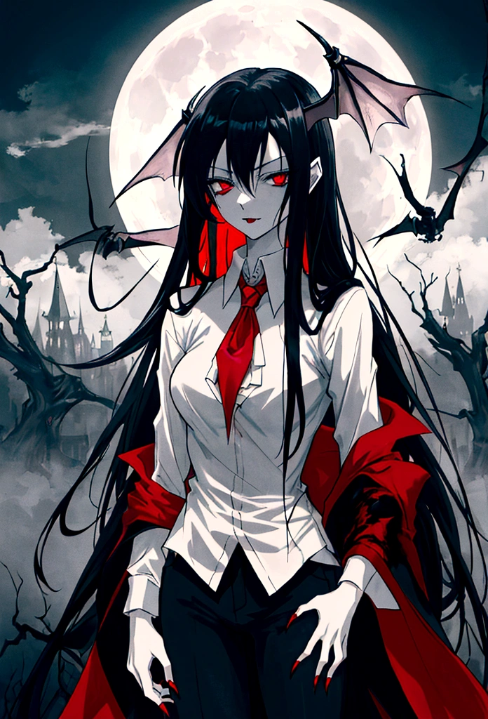 An eerie and captivating anime-inspired illustration of a young vampire woman with long black hair, red eyes, and vampire fangs, blood dripping from her mouth. She has exceptionally fair skin and a sinister expression. Clad in a white shirt and black pants, she is standing under a full moon, casting a silvery glow over her gothic, dark fantasy silhouette. The background showcases a dimly lit, foggy landscape with an anime-styled cityscape in the distance, evoking the nostalgic aesthetic of the 90s., anime, dark fantasy