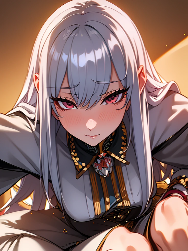1 woman Sitting, crossed legs, smile, looking at the viewer, blushing, detailed face, (masterpiece),detailed eyes, highly detailed eyes ,  silver hair, red eyes,
masterpeace, best quality, (extremely detailed CG:1.3), highly detailed faces