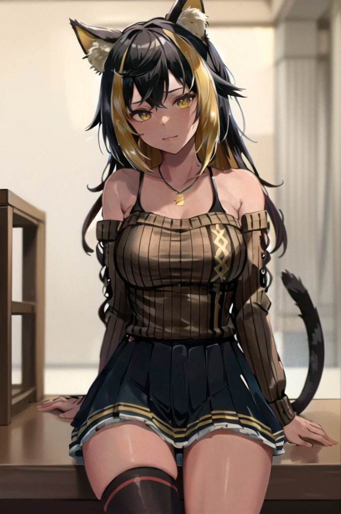 masterpiece, Highest quality, High resolution, hmnc1, Animal ears, tail, Dark Skin, Multicolored Hair, Black knee socks,Thighs,Off-the-shoulder sweater, Pleated skirt, Black Skirt, jewelry, necklace, Ribbed sweatshirt, clavicle, Cowboy Shot, Sitting in a chair,With legs apart,Satin panties are visible, indoor,Shame face,