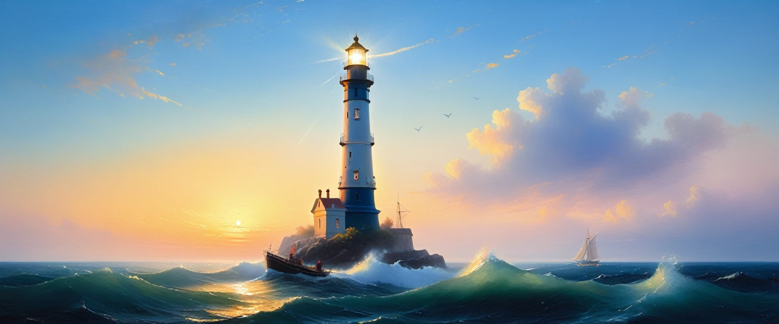 (((Sunrise time,  alone lighthouse))), high quality, masterpiece,((Ivan Aivazovsky style)), clear day, marinism, oil painting knife, ((best quality, masterpiece)), (high detail), impressionism:1.1, 8k