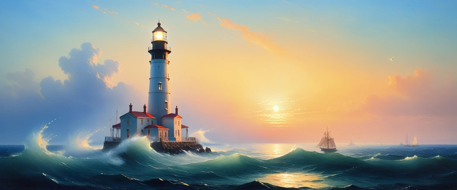 (((Sunrise time, alone lighthouse))), high quality, masterpiece,((Ivan Aivazovsky style)), clear day, marinism, oil painting knife, ((best quality, masterpiece)), (high detail), impressionism:1.1, 8k