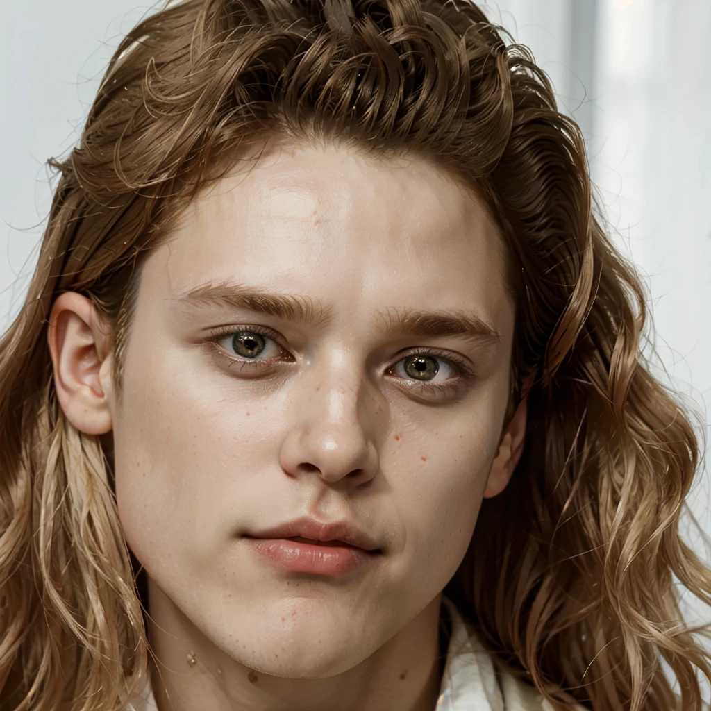masterpiece, 1 boy, face up close, high quality, 8K, Ultra HD, actor, Curly long blonde hair