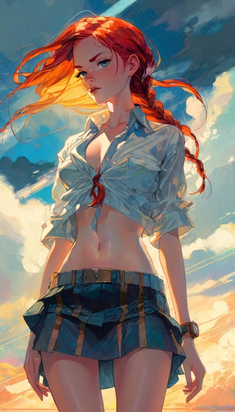 Sexy girl in clockworld theme,, best quality, ultra detailed, illustration, 1 girl, twin braided red hair, open shirt, sunlight, cloudy sky, small breasts, microskirt, great detail surroundings, short shirt, crop top ( art inspired by Bill Sienkiewicz). oil painting)