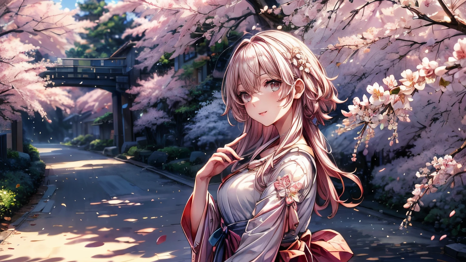 (White background:1.4),(white dirt road, oriental elements)，(Spring nature illustration:1.3，paper art:1.3, Quilted Paper Craft:1.2),( reasonable design, Clear lines, high sharpness,Best Quality, Very detailed, Mesa, Movie light effects, 4k )(cherry leaves、cherry blossoms in spring:1.0)、Many cherry blossoms flutter、wind、background with、spring、Girl looking left、rose petalany cherry petals.、very light pink hair、long