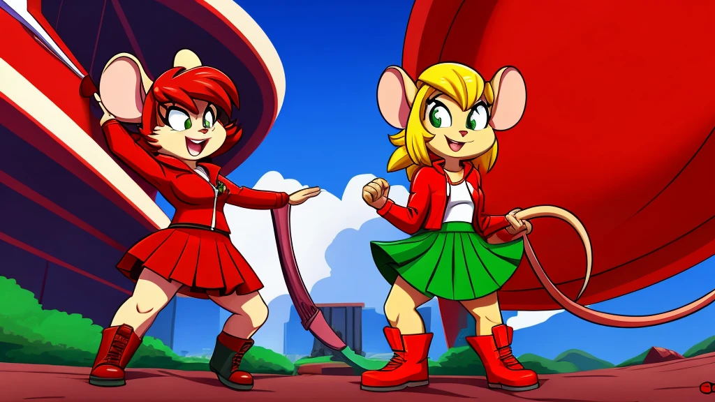 Red female mouse with a green tail, named Cherry. She wears a red jacket, a red shirt, a green skirt, and red boots. She throws cherry bombs at enemies.

cartoon style, gaming