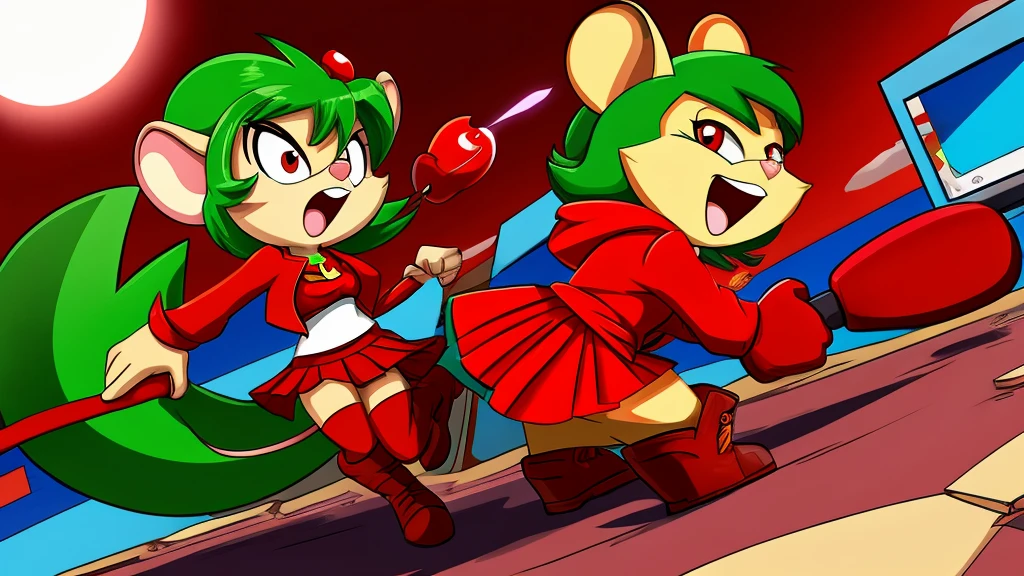 Red female mouse with a green tail, named Cherry. She wears a red jacket, a red shirt, a green skirt, and red boots. She throws cherry bombs at enemies.

cartoon style, gaming