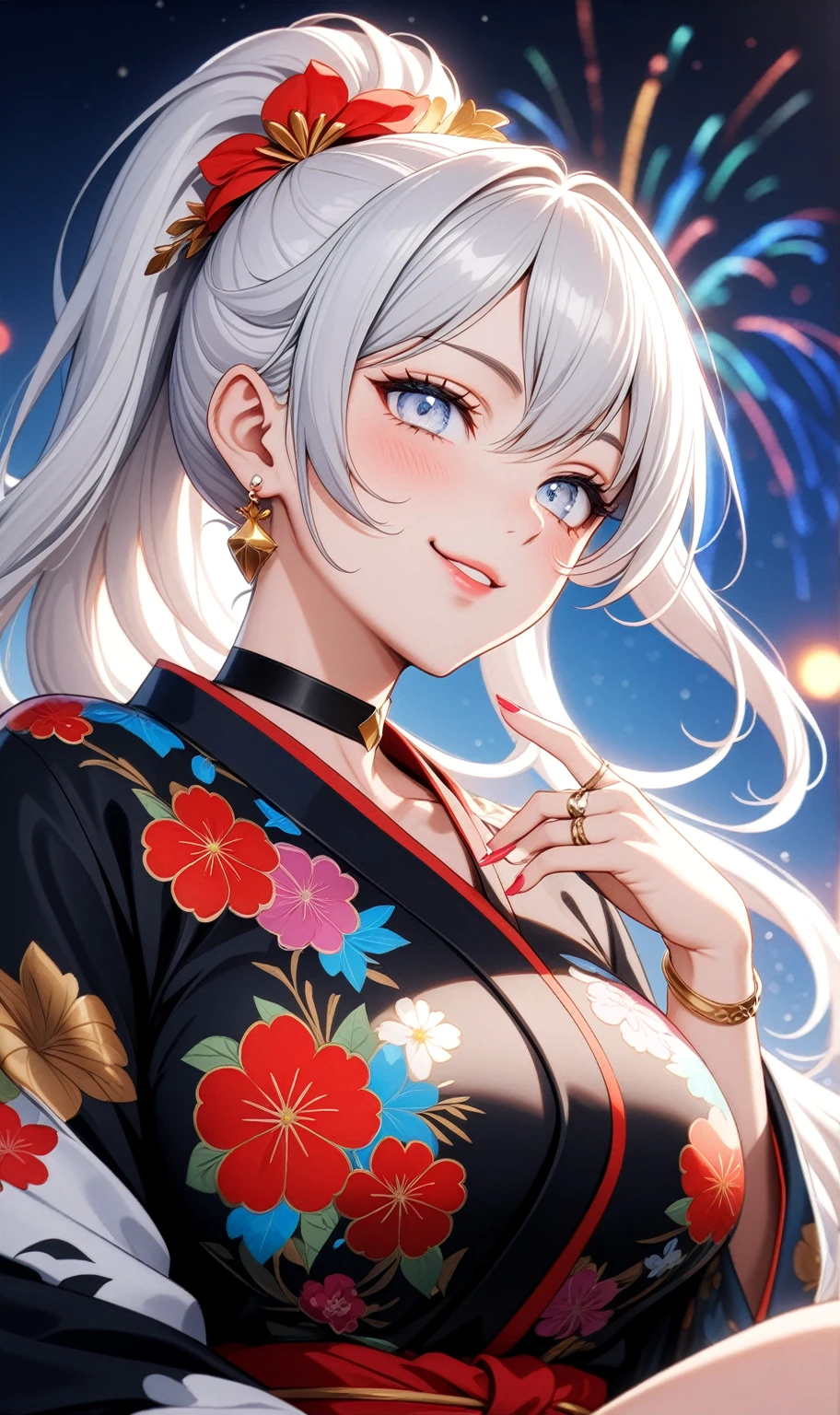 ((One personの女性)), Beautiful Face, ((Wink:1.8)), (smirk), sit,Laugh with your mouth wide open,((Bright red cheeks:1.4)),Shiny red lips,night,横浜のnight景,You can see the ocean, firework,,Glossy pink lips,Facial lighting,((Anime style background)),masterpiece, Highest quality, so beautiful,up to date, Complex details, (Pink long nails), (ring),(bracelet),(choker),AI-generated, Complex,High resolution, Highest quality, super high quality,3D Images、3D Images,One person,Long white hair,High Ponytail,(blue eyes),Anime woman posing for a photo, ((Fine grain、Silvery white colorful eyes、Shining Eyes:1.3)),(Squint your eyes:1.1),a hyperRealistic , hyperRealistic , Realistic,Anime woman with long white hair, Smooth anime CG art, A woman in a colorful kimono with gold embroidery, (Black long sleeve kimono),Red floral pattern,Long flower hair ornament,Earrings,Mature Body,(Big Breasts:1.1),Tall,Abdominal muscles,Narrow waist,(Zoom up to face:1.6),(Shooting from an angle),