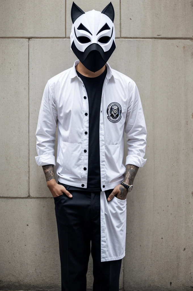 man wearing white kot and wear fawks mask