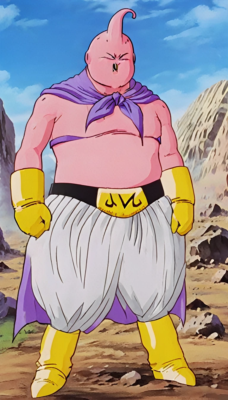 solo, majin buu,short, (musclar:2),(angry:2),fighting,in wasteland,destroyed rock,(soft shading), 4k, hi res, ((detailed face, (detailed eyes:1.0), detailed)), (full body), looking at viewer, 1boy, upper body, male focus,white_pants,nude,(topless:1.5),( shirtless:2.5),torn clothes,bare pectorals, fighting stance,