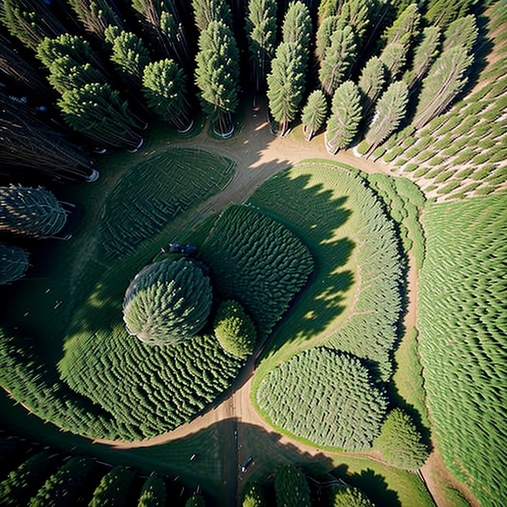 Pine forest, far away, bird's eye view, mist, photorealism, 4k photography