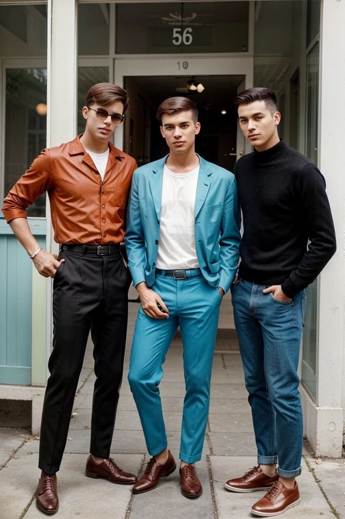 group of young men posing for a picture, retro 60s guys fashion, 1960s style