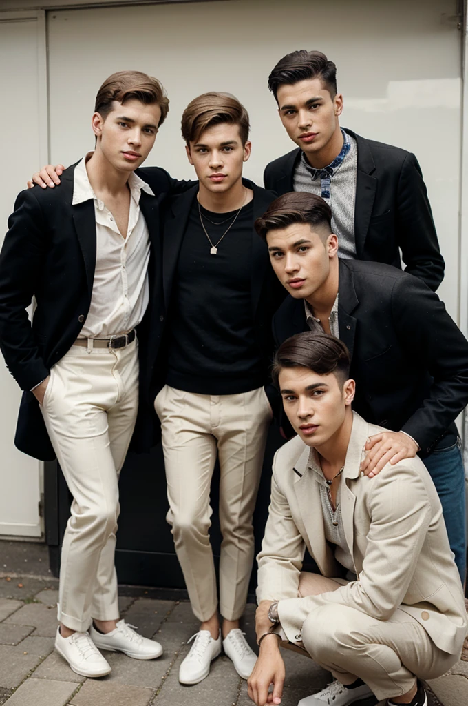 group of young men posing for a picture, retro 60s guys fashion, 1960s style