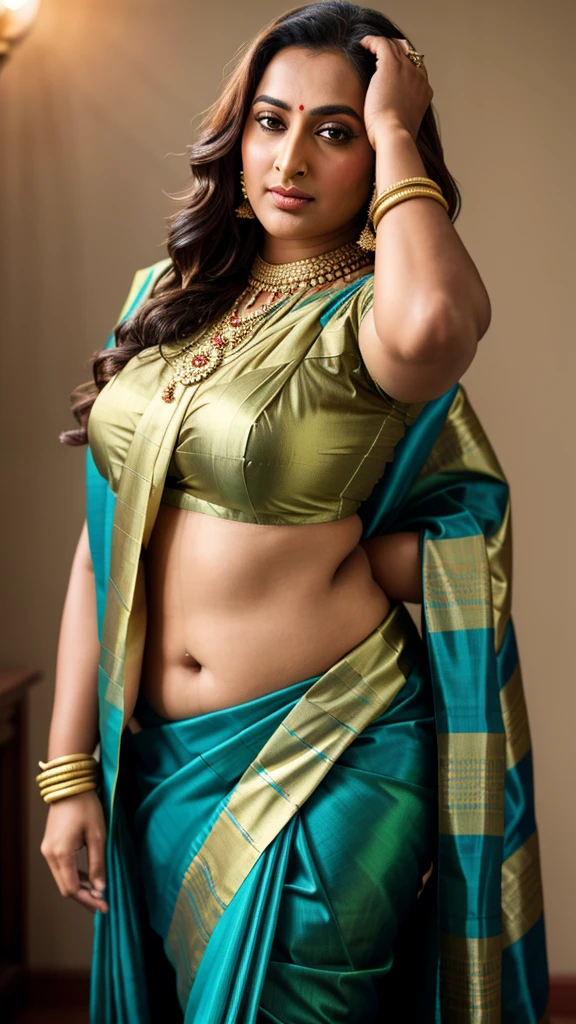 Foto RAW, photorealistic, photography, full body shot, master shot, perfect eyes, goddess like beauty, pierced eyes, perfect thick chubby mallu Desi aunty bhabhi, Wearing a Stanapatta, a chest-band.Saree model, model Photography, Indian saree shoot, Indian traditional wear advertising photography, traditional wear brand shoot, face of Indian actress Sonakshi Sinha, masterpiece, realistic, realism, incredible details,  pleasure, photorealism, detailed skin, skin pores, high contrast, photorealistic Artstation 8k HD digital art trend of high definition and detailed realistic skin texture, ultra detail, realistic skin texture, armature, best quality, ultra high definition, (photorealistic:1.4),, high resolution, detail, raw photo, sweat, Re sharp, by Lee Jefferies Nikon D850 Film Stock Photo 4 Kodak Portra 400 Camera F1.6 Lens Rich Color Ultra Real Realistic Realistic Textures Dramatic Lighting Unreal Engine Trending at Art Station Cinestill 800,(pele altamente detalhada: 1.2), 8k UHD, DSLR, soft-lighting, alta qualidade, grain of film, Fujifilm XT3,she didn't like to wear blouse or bra, she is happy to wear only saree, she hates blouse or bra, detailed hairy armpits, hyper realistic skin, skin pores, sweat, veins, 