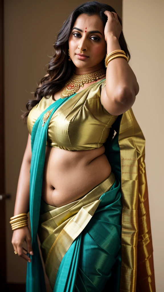 Foto RAW, photorealistic, photography, full body shot, master shot, perfect eyes, goddess like beauty, pierced eyes, perfect thick chubby mallu Desi aunty bhabhi, Wearing a Stanapatta, a chest-band.Saree model, model Photography, Indian saree shoot, Indian traditional wear advertising photography, traditional wear brand shoot, face of Indian actress Sonakshi Sinha, masterpiece, realistic, realism, incredible details,  pleasure, photorealism, detailed skin, skin pores, high contrast, photorealistic Artstation 8k HD digital art trend of high definition and detailed realistic skin texture, ultra detail, realistic skin texture, armature, best quality, ultra high definition, (photorealistic:1.4),, high resolution, detail, raw photo, sweat, Re sharp, by Lee Jefferies Nikon D850 Film Stock Photo 4 Kodak Portra 400 Camera F1.6 Lens Rich Color Ultra Real Realistic Realistic Textures Dramatic Lighting Unreal Engine Trending at Art Station Cinestill 800,(pele altamente detalhada: 1.2), 8k UHD, DSLR, soft-lighting, alta qualidade, grain of film, Fujifilm XT3,she didn't like to wear blouse or bra, she is happy to wear only saree, she hates blouse or bra, detailed hairy armpits, hyper realistic skin, skin pores, sweat, veins, 