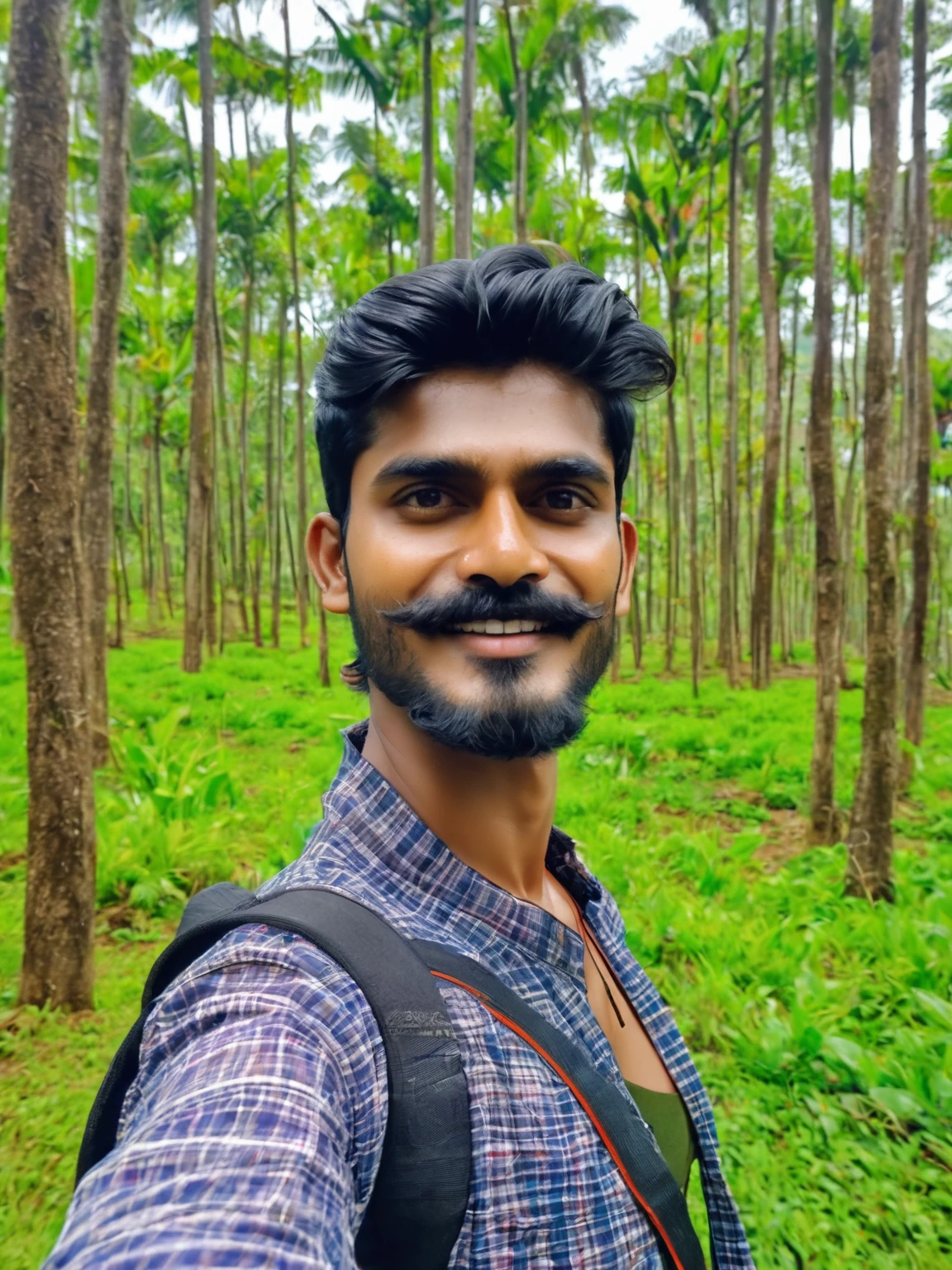 there is a man that is taking a selfie with his cell phone, with accurate face, 8k selfie photograph, without helmet, jayison devadas, without beard, ayan nag, in front of a forest background, around 1 , good looking face, candid picture, front profile!!!!, jayison devadas style, selfie photo, assamese aesthetic