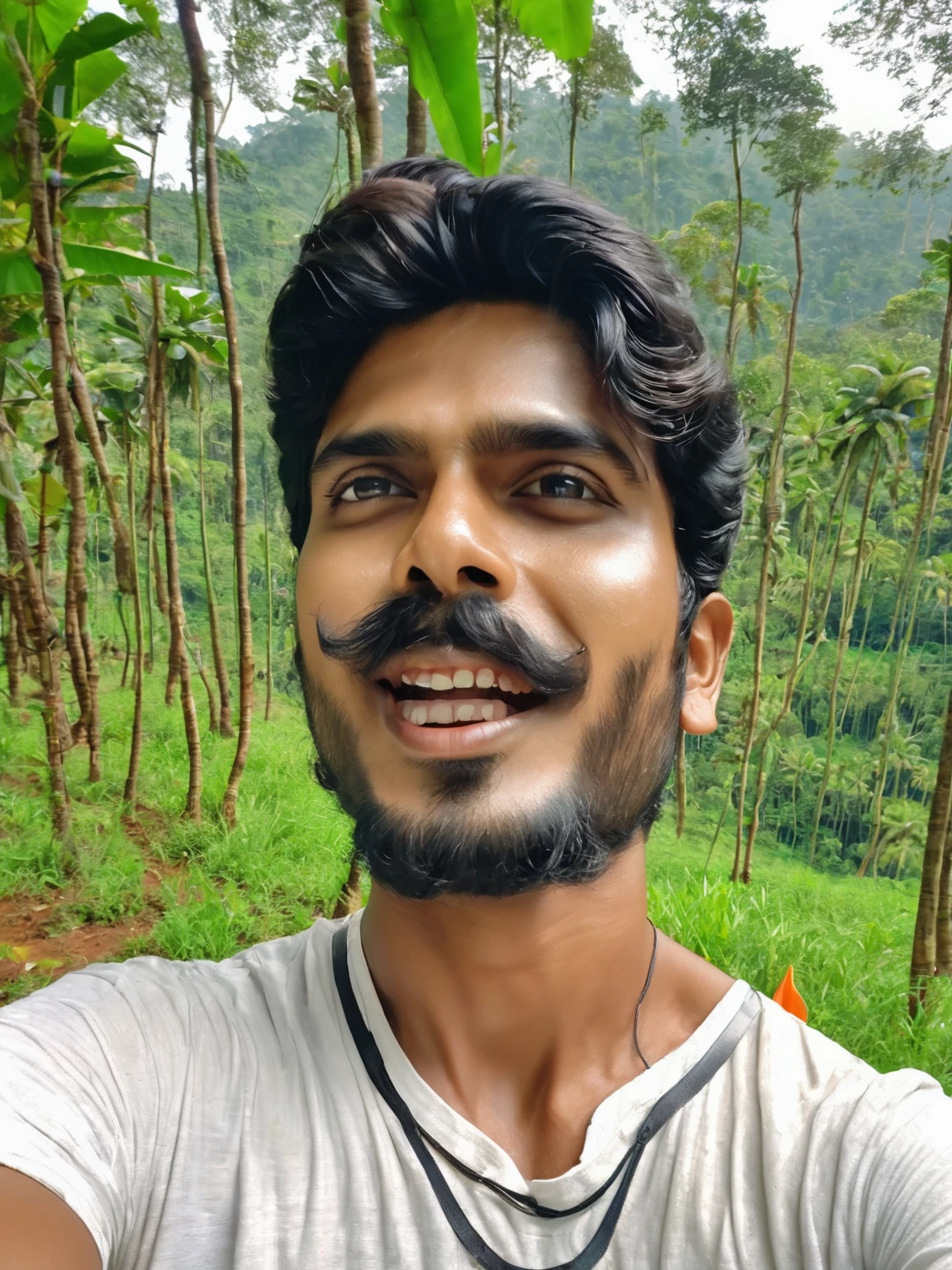 there is a man that is taking a selfie with his cell phone, with accurate face, 8k selfie photograph, without helmet, jayison devadas, without beard, ayan nag, in front of a forest background, around 1 9 years old, good looking face, candid picture, front profile!!!!, jayison devadas style, selfie photo, assamese aesthetic