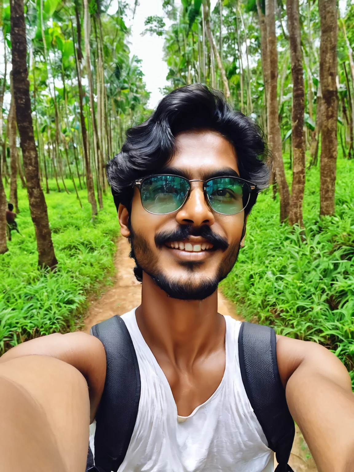 there is a man that is taking a selfie with his cell phone, with accurate face, 8k selfie photograph, without helmet, jayison devadas, without beard, ayan nag, in front of a forest background, around 1 9 years old, good looking face, candid picture, front profile!!!!, jayison devadas style, selfie photo, assamese aesthetic