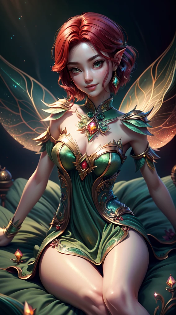 A woman in a green dress sitting on a bed with a sword elf girl, detailed eyes, beautiful eyes, short hair, red crimson hair, chinese ornaments, oil painting, vibrant colors, soft lighting, fantasy, magical, ethereal, mystical, delicate features, intricate details, flowing dress, graceful pose, enchanting atmosphere, dreamlike background, misty forest, sparkling fairy dust, bewitching smile, otherworldly charm, mythical creature, whimsical, enchantress, captivating presence, graceful movements. (best quality, highres, ultra-detailed, photorealistic), HDR, vivid colors, bokeh, lying on bed