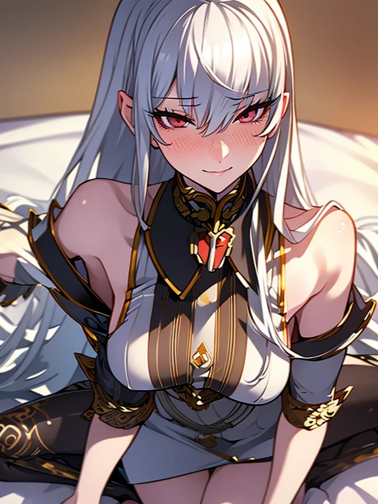 1 woman Sitting, crossed legs, smile, looking at the viewer, blushing, detailed face, (masterpiece),detailed eyes, highly detailed eyes , silver hair, red eyes,
masterpeace, best quality, (extremely detailed CG:1.3), highly detailed faces