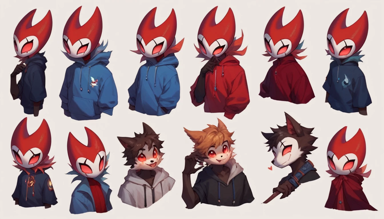 score_9, score_8_up, score_7_up, score_6_up, zPDXL2, grimm \(hollow knight\), vampire, bat, 1boy, solo, cute face, detailed eyes, portrait, anthro, red sport pants, cinematic angle, blue large hoodie, background, (dynamic poses)